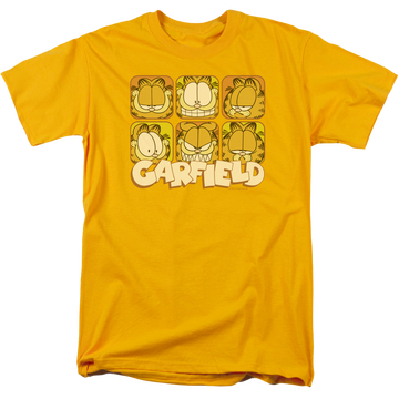 Gold men's regular fit t-shirt with Garfield Many Faces graphic