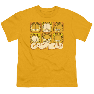 Gold youth t-shirt for ages 8 to 12 with Garfield Many Faces graphic