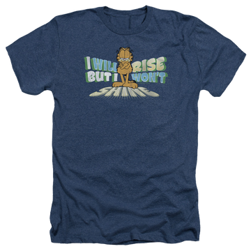 Navy men's heather t-shirt with Garfield Rise Not Shine graphic
