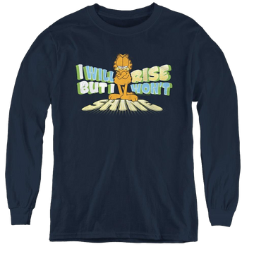 Navy youth long sleeve t-shirt with Garfield Rise Not Shine graphic