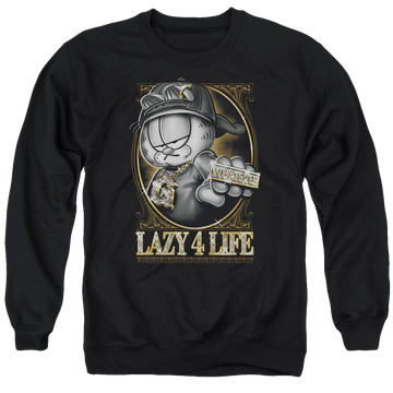 Black men's crewneck sweatshirt with Garfield Lazy 4 Life graphic