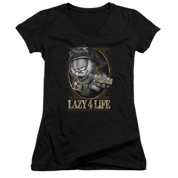 Black juniors v-neck t-shirt with Garfield Lazy 4 Life graphic