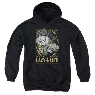 Black youth hoodie for ages 8 to 12 with Garfield Lazy 4 Life graphic