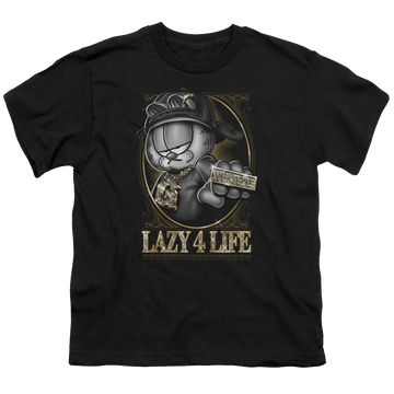 Black youth t-shirt for ages 8 to 12 with Garfield Lazy 4 Life graphic