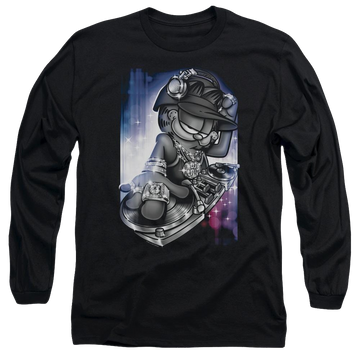 Black men's long sleeve t-shirt with Garfield Dj Lazy graphic