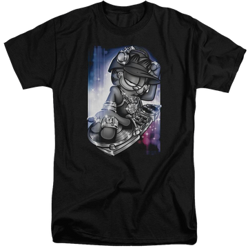 Black men's tall fit t-shirt with Garfield Dj Lazy graphic