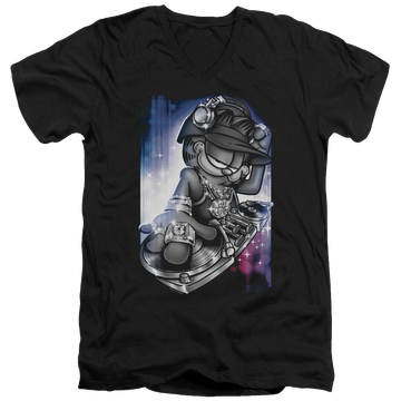 Black men's v-neck t-shirt with Garfield Dj Lazy graphic