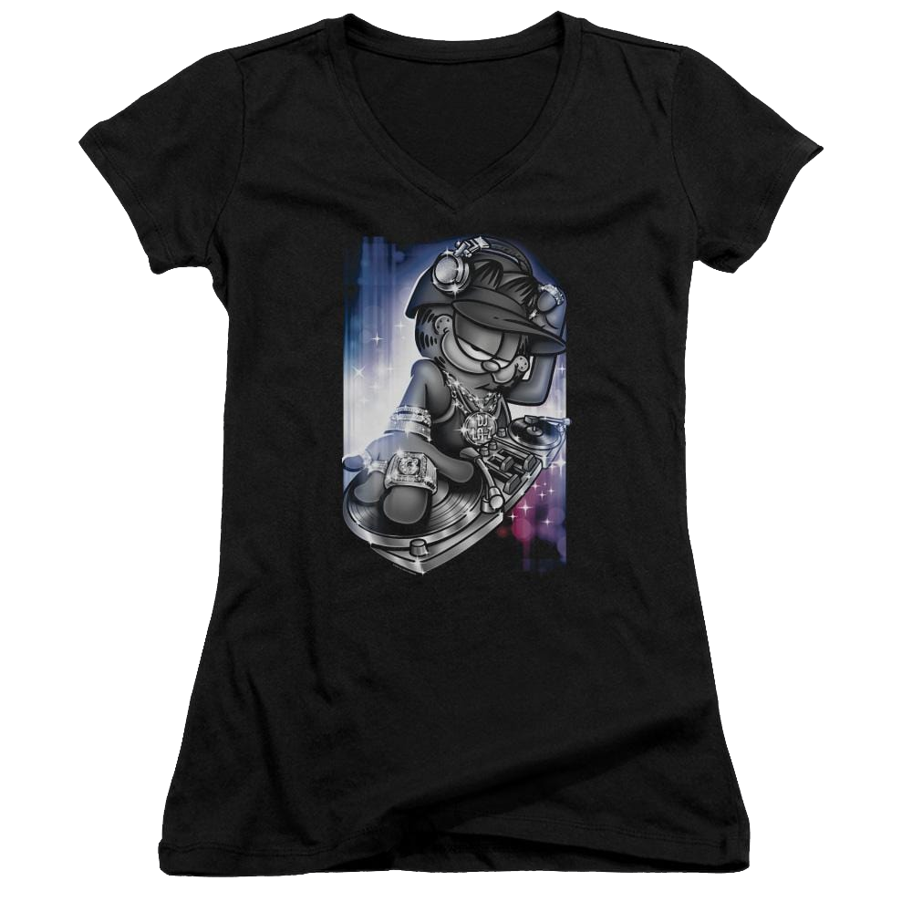 Garfield Dj Lazy - Juniors V-Neck T-Shirt Juniors V-Neck T-Shirt Garfield   