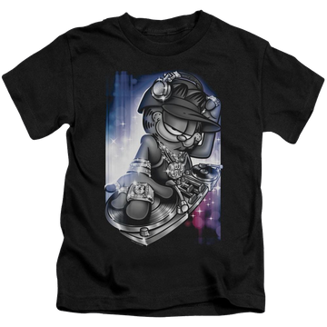 Black kid's t-shirt for ages 4 to 7 with Garfield Dj Lazy graphic