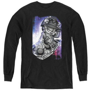 Black youth long sleeve t-shirt with Garfield Dj Lazy graphic