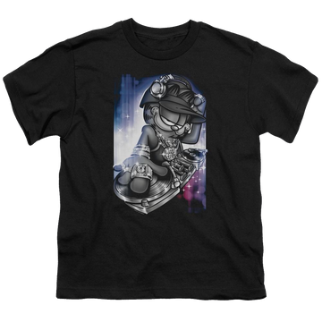 Black youth t-shirt for ages 8 to 12 with Garfield Dj Lazy graphic