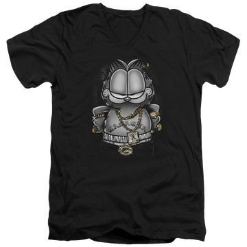 Black men's v-neck t-shirt with Garfield Lasagna For Life graphic