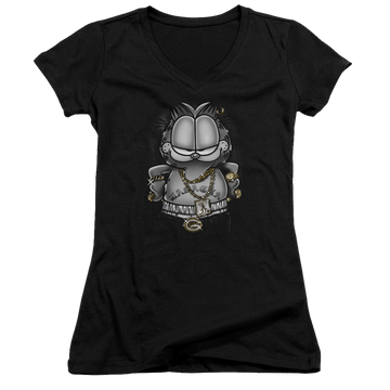 Black juniors v-neck t-shirt with Garfield Lasagna For Life graphic