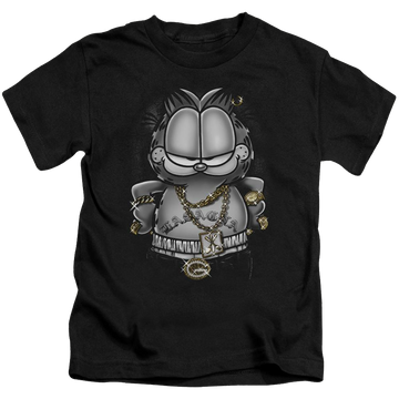 Black kid's t-shirt for ages 4 to 7 with Garfield Lasagna For Life graphic