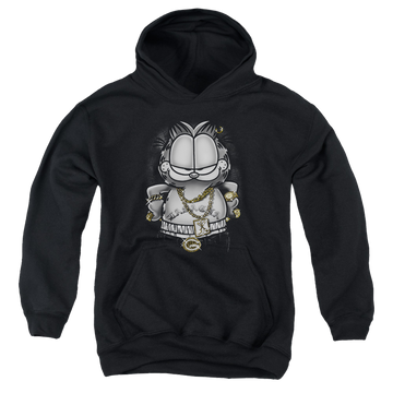 Black youth hoodie for ages 8 to 12 with Garfield Lasagna For Life graphic