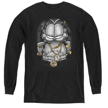 Black youth long sleeve t-shirt with Garfield Lasagna For Life graphic