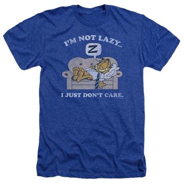 Royal men's heather t-shirt with Garfield Not Lazy graphic