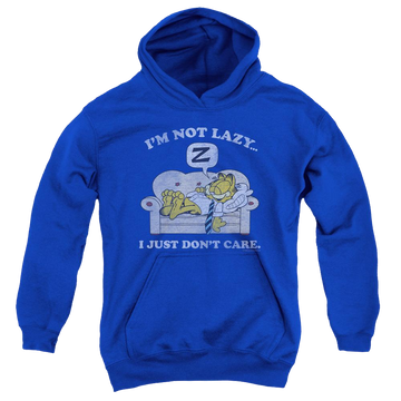 Royal youth hoodie for ages 8 to 12 with Garfield Not Lazy graphic