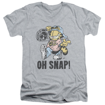 Athletic heather men's v-neck t-shirt with Garfield Oh Snap graphic