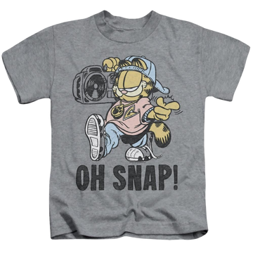 Athletic heather kid's t-shirt for ages 4 to 7 with Garfield Oh Snap graphic