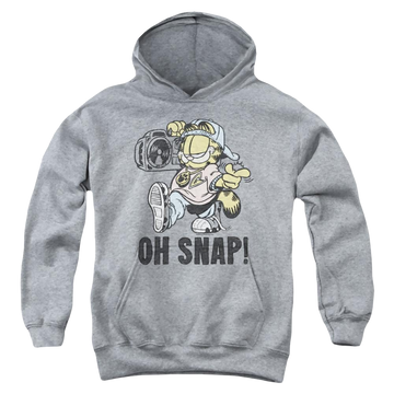 Athletic heather youth hoodie for ages 8 to 12 with Garfield Oh Snap graphic