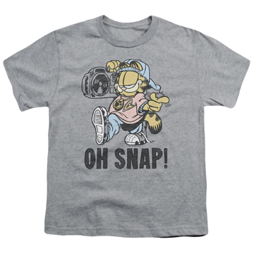 Athletic heather youth t-shirt for ages 8 to 12 with Garfield Oh Snap graphic