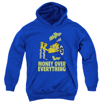Royal youth hoodie for ages 8 to 12 with Garfield Money Is Everyfthhing graphic