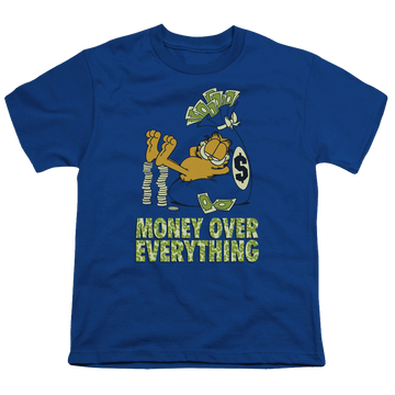 Royal youth t-shirt for ages 8 to 12 with Garfield Money Is Everything graphic