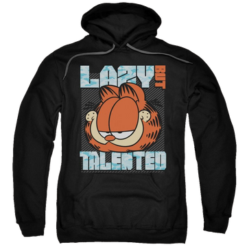 Black pullover hoodie with Garfield Lazy But Talented graphic