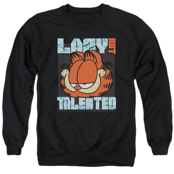 Black men's crewneck sweatshirt with Garfield Lazy But Talented graphic