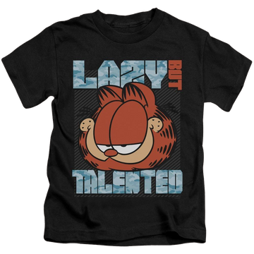 Black kid's t-shirt for ages 4 to 7 with Garfield Lazy But Talented graphic