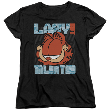 Black women's t-shirt with Garfield Lazy But Talented graphic