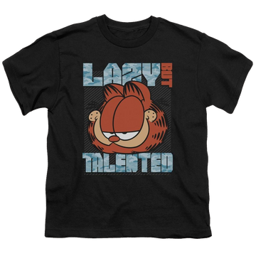 Black youth t-shirt for ages 8 to 12 with Garfield Lazy But Talented graphic