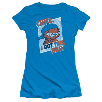 Turquoise juniors t-shirt with Garfield I Got This Bro graphic