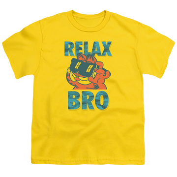 Yellow youth t-shirt for ages 8 to 12 with Garfield Relax Bro graphic