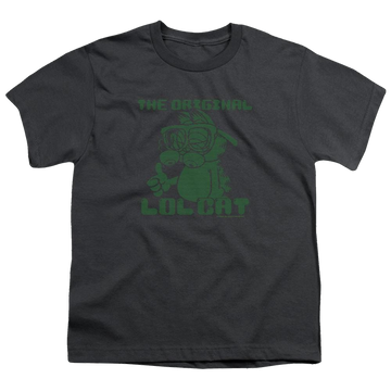 Charcoal youth t-shirt for ages 8 to 12 with Garfield Og Lol graphic