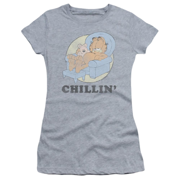 Athletic heather juniors t-shirt with Garfield Chillin graphic