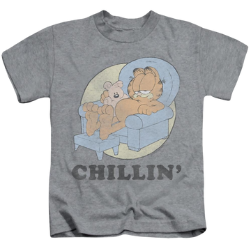 Athletic heather kid's t-shirt for ages 4 to 7 with Garfield Chillin graphic