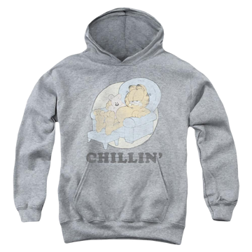 Athletic heather youth hoodie for ages 8 to 12 with Garfield Chillin graphic