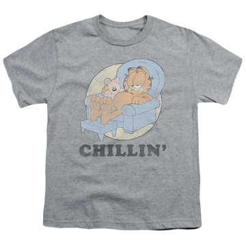 Athletic heather youth t-shirt for ages 8 to 12 with Garfield Chillin graphic