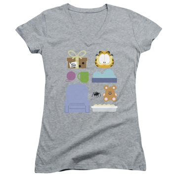 Athletic heather juniors v-neck t-shirt with Garfield Gift Set graphic