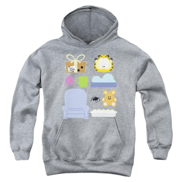 Athletic heather youth hoodie for ages 8 to 12 with Garfield Gift Set graphic