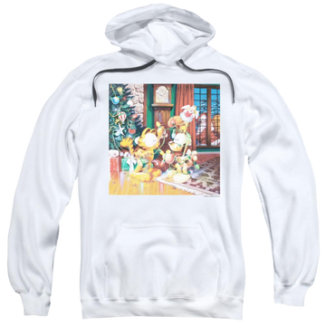 White pullover hoodie with Garfield Odie Tree graphic