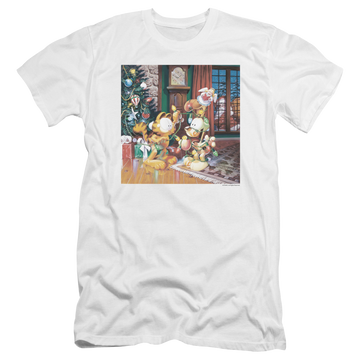 White men's premium slim fit t-shirt with Garfield Odie Tree graphic