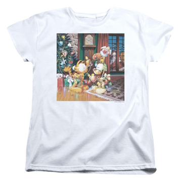 White women's t-shirt with Garfield Odie Tree graphic
