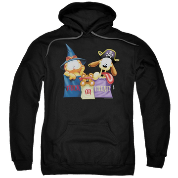 Black pullover hoodie with Garfield Grab Bags graphic