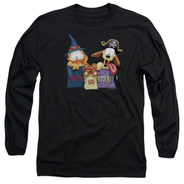 Black men's long sleeve t-shirt with Garfield Grab Bags graphic