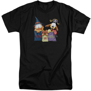 Black men's tall fit t-shirt with Garfield Grab Bags graphic