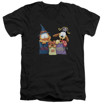 Black men's v-neck t-shirt with Garfield Grab Bags graphic