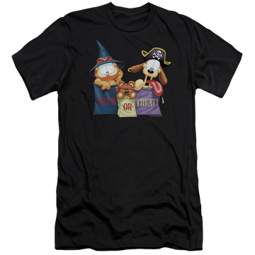 Black men's premium slim fit t-shirt with Garfield Grab Bags graphic